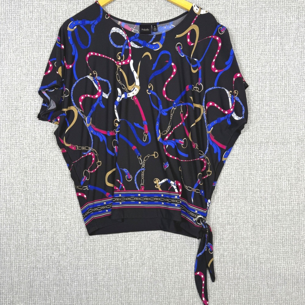 Rafaella Sz M Blouse Tie Waist Chain Print Dolman Black Equestrian Statement